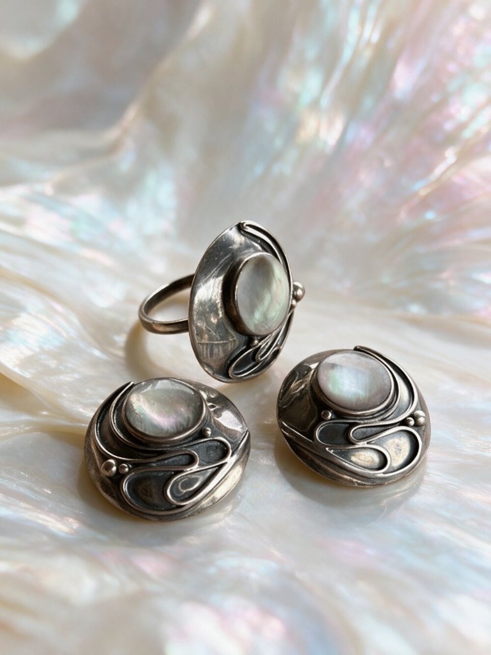 Ring & Studs Set, Mother-of-Pearl, Sterling Silver, Jewelry Set